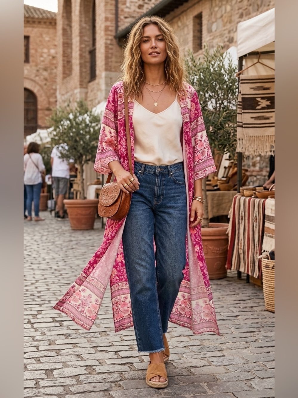 Emery Rose NWT Size 1XL Pink Floral Border Print Long Kimono Duster Vacation